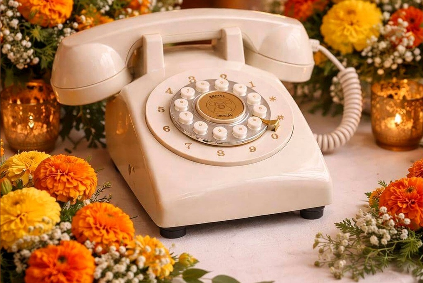 Vintage audio guestbook telephone at a luxury destination wedding reception in Rajasthan